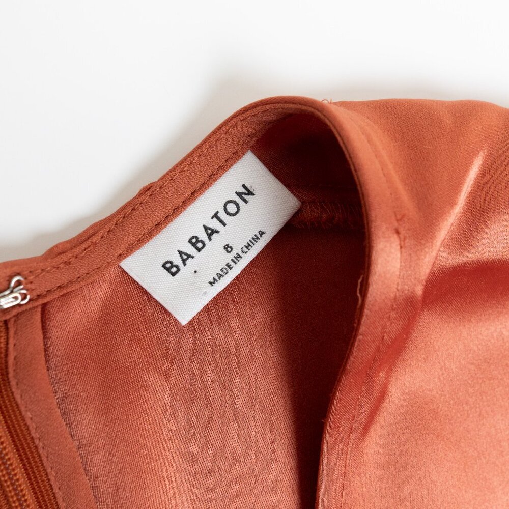 Aritzia Babaton Satin Dress Stanley Kimono Style Faux Wrap Burnt Orange  Copper - Picture 5 of 15
